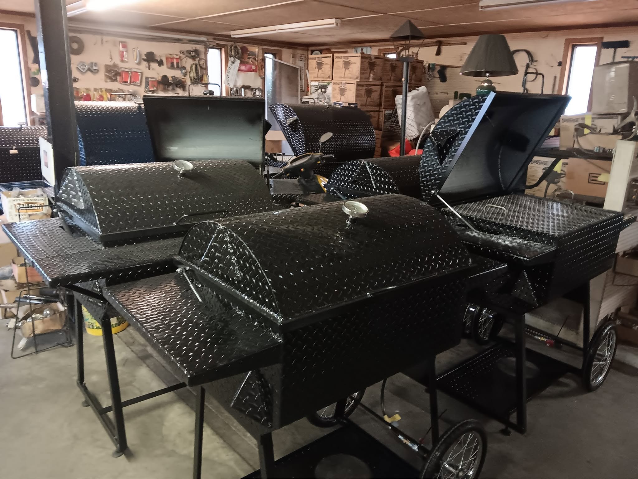 Inside the fabrication shop at Big Larry's Cookers, cookers in production