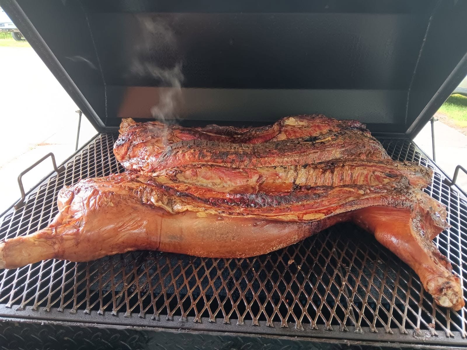 Whole hog smoking on a Big Larry's Cookers custom cooker